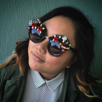Picture - Model in Smiley Art Goods Halloween Sunglasses - Vintage Charms and Floral Sunglasses - Link to reorders