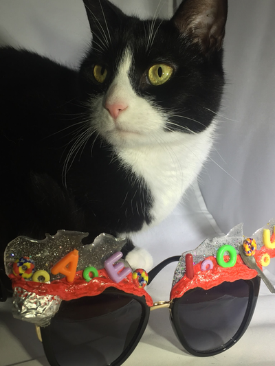 Picture - Cat by Smiley Art Goods Handcrafted Sunglasses with vintage charms - Link to Vowel Soup Black Sunglasses
